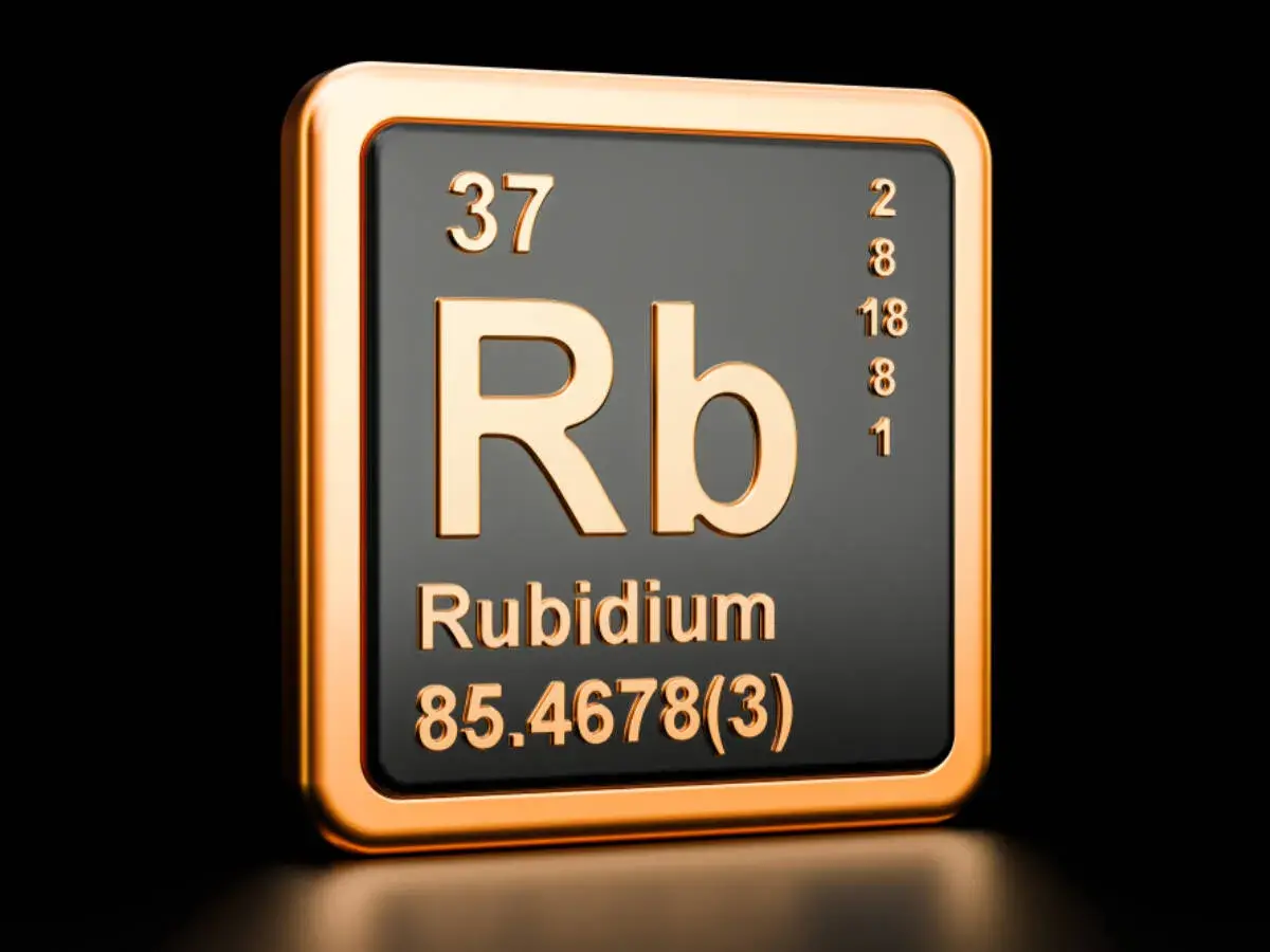 Tabliczka pierwiastka z symbolem Rb, oznaczającego rubid. Numer atomowy 37, masa atomowa 85.4678.