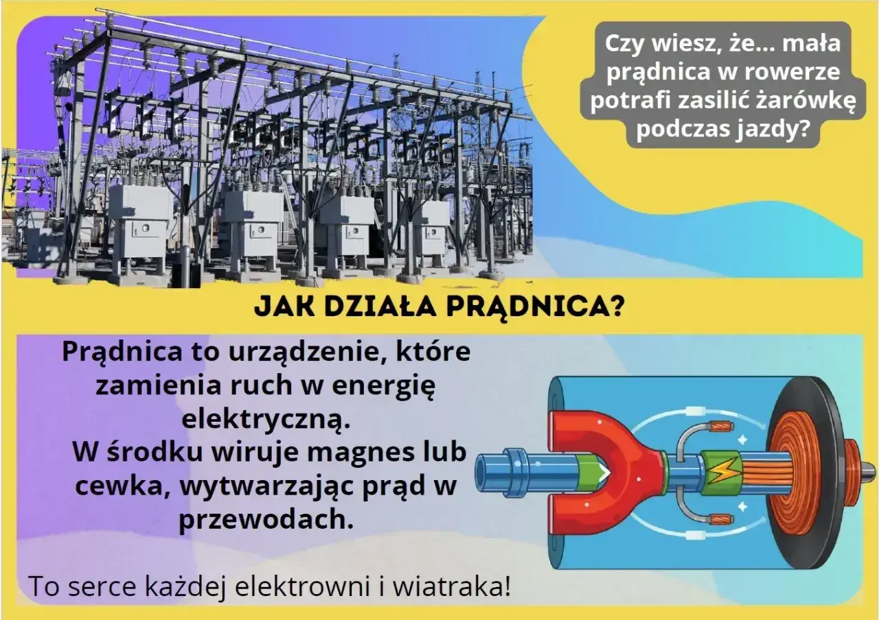 Ilustracja wyjaśnia zasadę działania prądnicy, która wykorzystuje zjawisko indukcji elektromagnetycznej do zamiany ruchu na prąd.