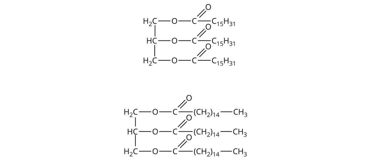 Struktury chemiczne: tristearynian glicerolu i tripalmitynian glicerolu.