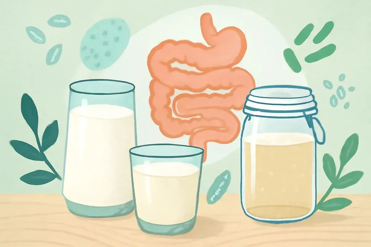 Czy kefir jest zdrowy? Ilustracja przedstawia jelita i żołądek, obok szklanki mleka i słoik z kefirem, sugerując jego korzystny wpływ na trawienie.