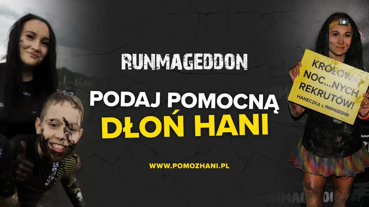 Ubrudzeni błotem uczestnicy Runmageddonu, w tym chłopiec i dwie kobiety, zachęcają do pomocy. Podaj pomocną dłoń Hani!