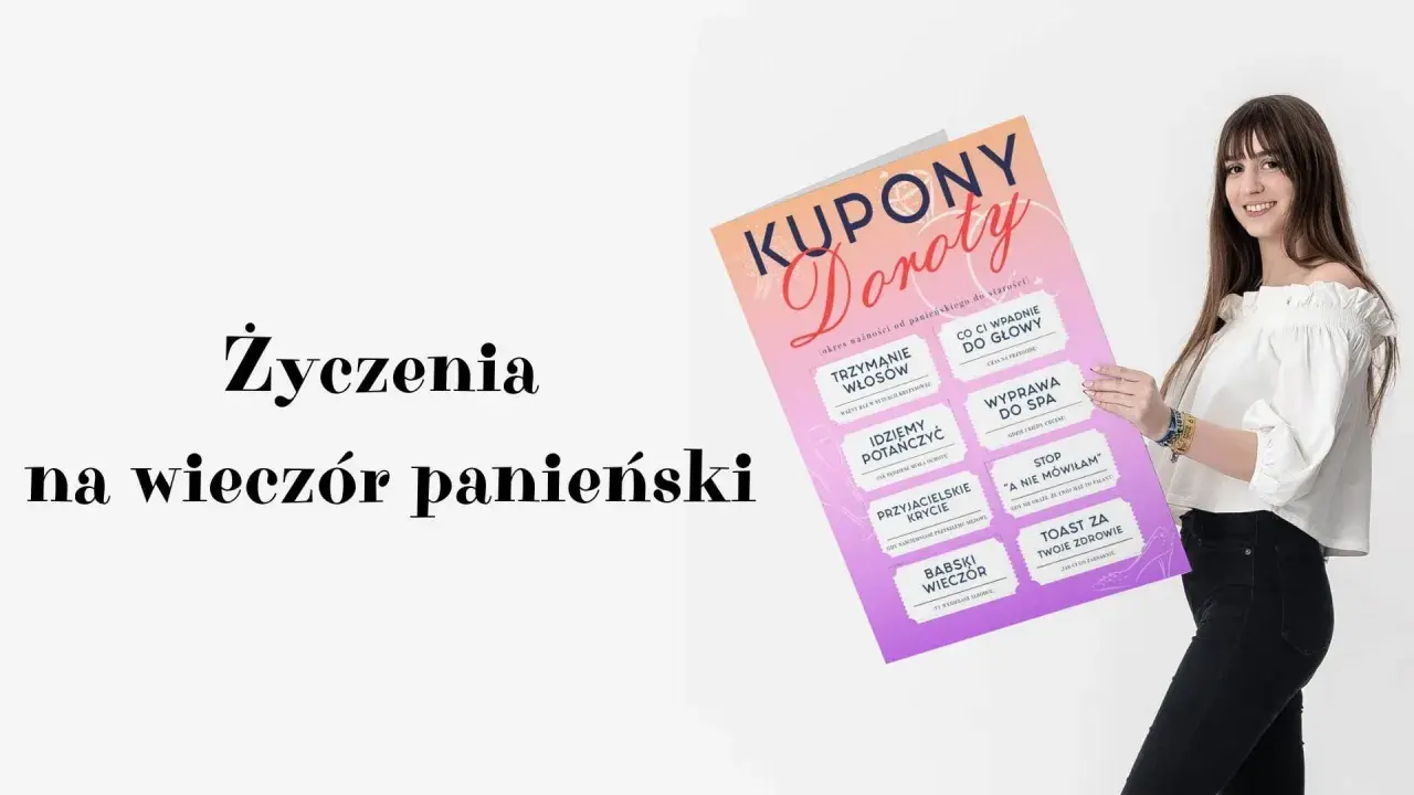 Uśmiechnięta kobieta trzyma plakat z kuponami na wieczór panieński. Napis "Życzenia na wieczór panieński" towarzyszy tej radosnej chwili.