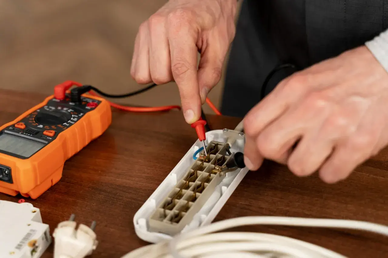 Ręce mierzą opór elektryczny w przedłużaczu za pomocą pomarańczowego multimetru.