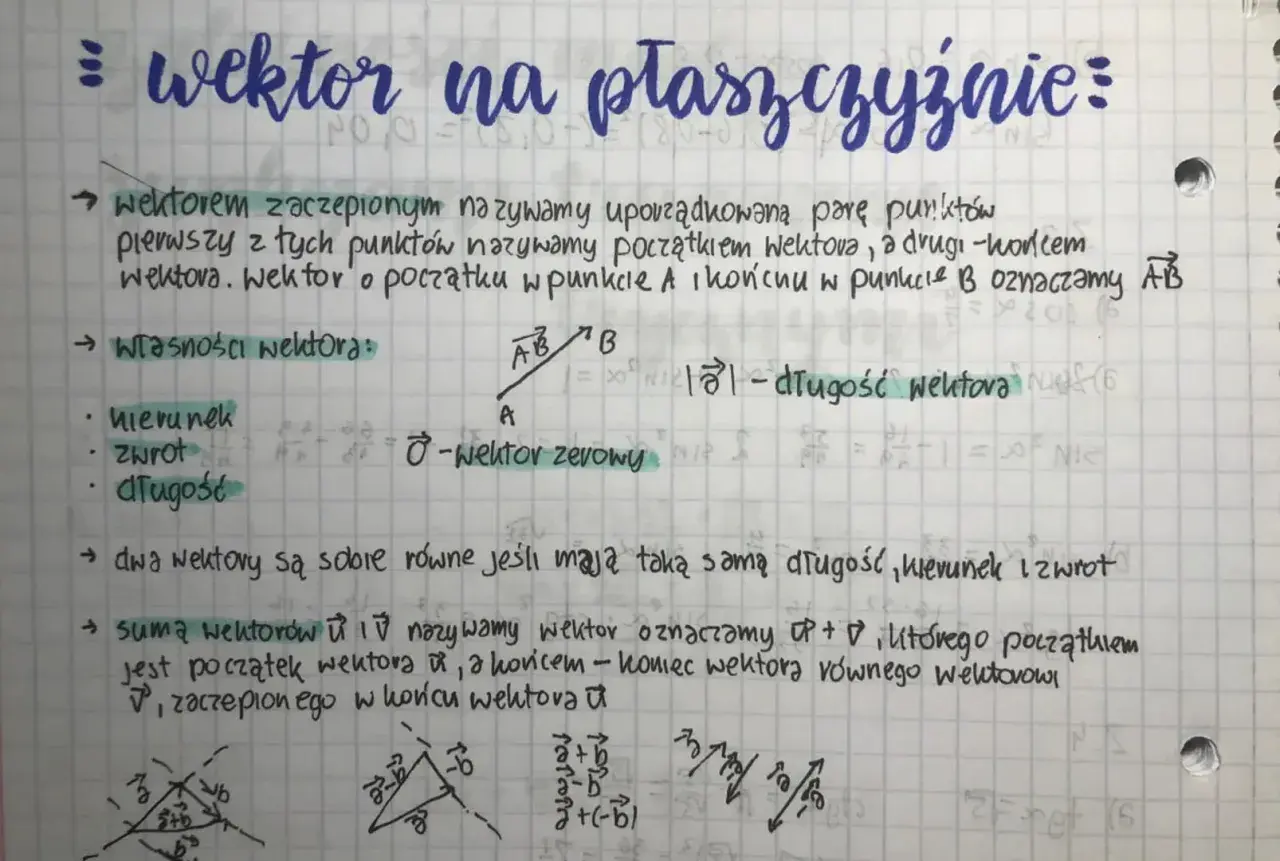 Notatki z algebry liniowej: definicja wektora zaczepionego, jego własności (kierunek, zwrot, długość), warunki równości wektorów i ich suma.