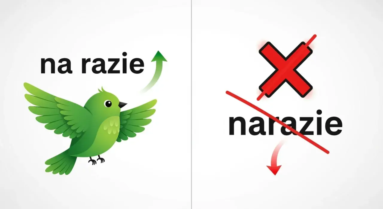 Zielony ptaszek z napisem "na razie" symbolizuje coś pozytywnego, w przeciwieństwie do przekreślonego "narazie".