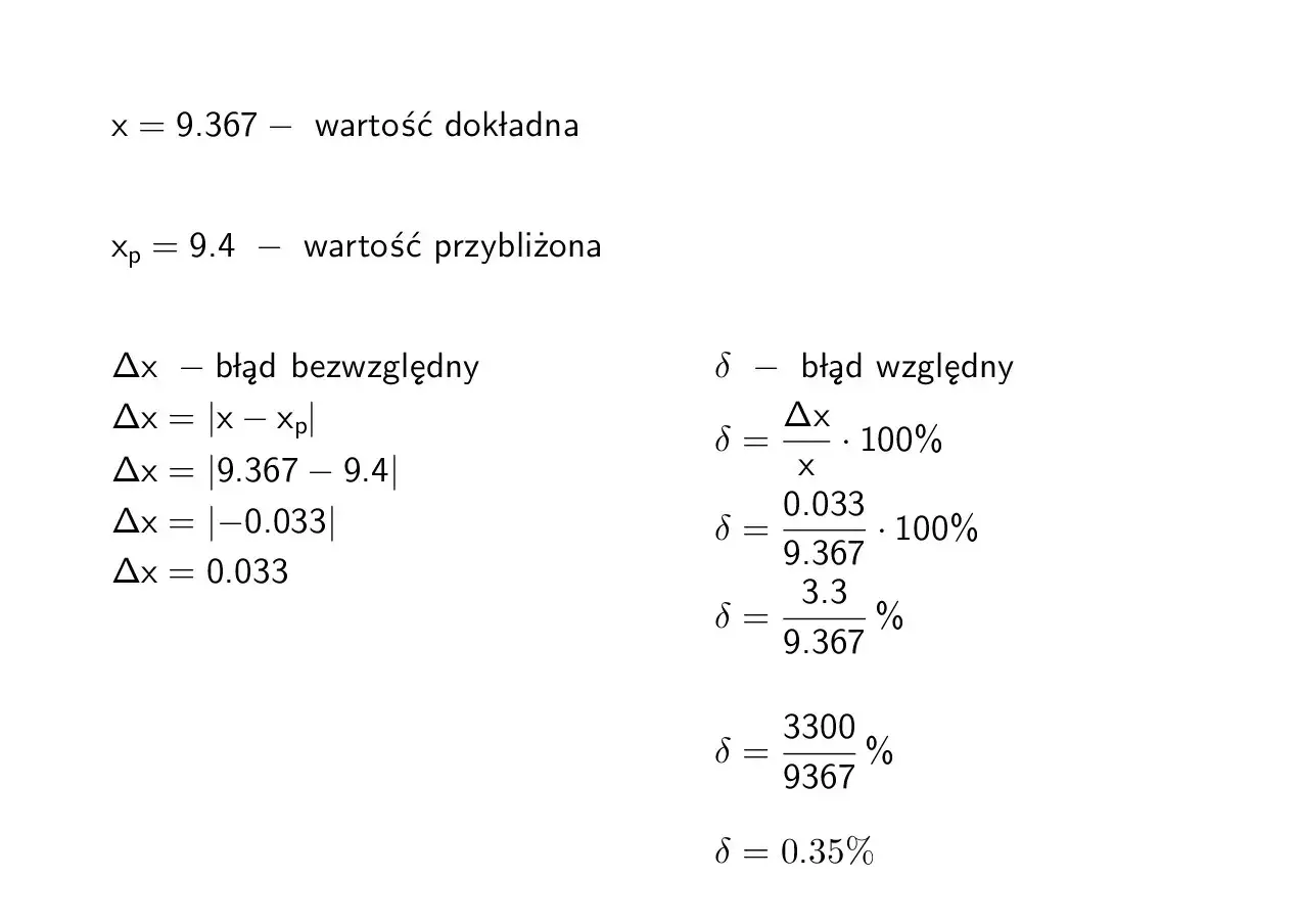 Obliczenia błędu względnego dla wartości dokładnej 9.367 i przybliżonej 9.4.