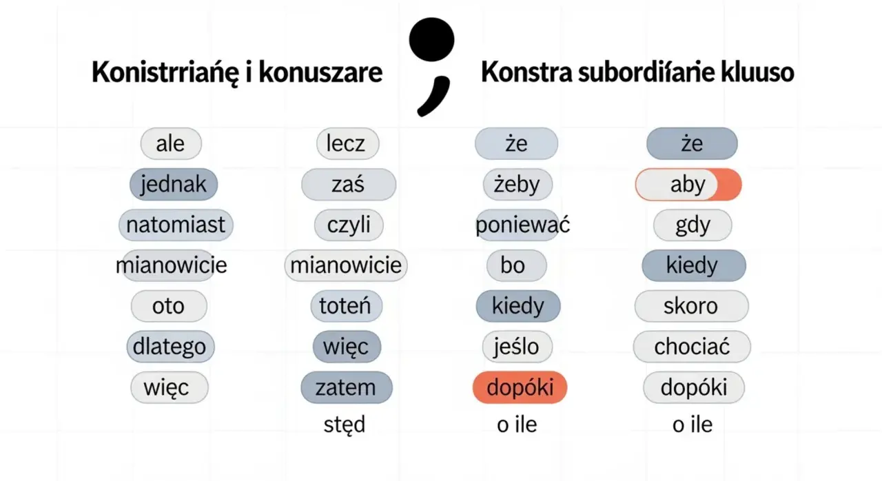 Tabela z polskimi spójnikami i zaimkami, np. "ale", "jednak", "aby", "kiedy". Tym bardziej warto je poznać, by poprawnie budować zdania.