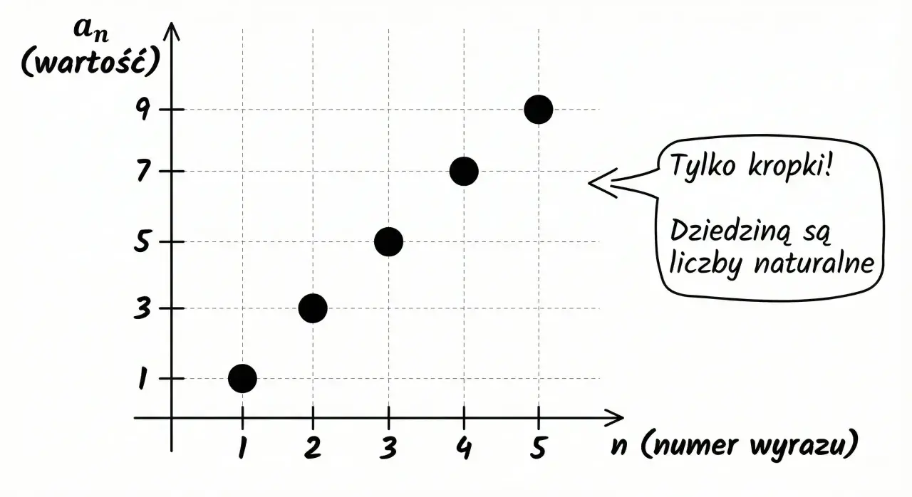 Wykres punktów (1,1), (2,3), (3,5), (4,7), (5,9) ilustruje ciąg zbieżny, gdzie dziedziną są liczby naturalne.