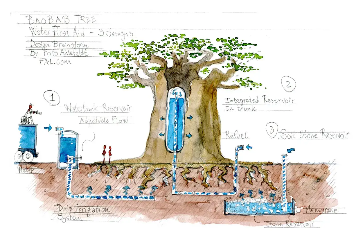 Szkic koncepcyjny drzewa baobab jako systemu pierwszej pomocy wodnej: trzy projekty zbiorników na wodę, w tym zintegrowany w pniu.