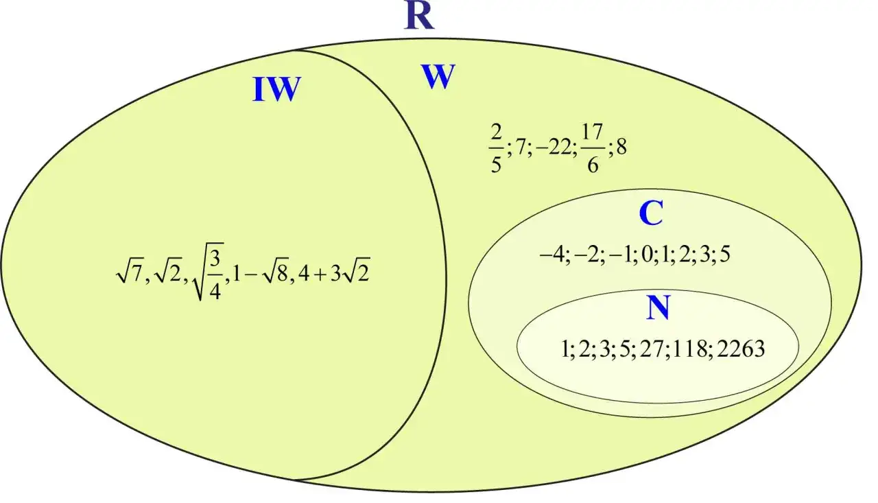 Diagram przedstawia zbiory liczbowe: niewymierne (IW) i wymierne (W) w zbiorze liczb rzeczywistych (R), a także podzbiory liczb całkowitych (C) i naturalnych (N).