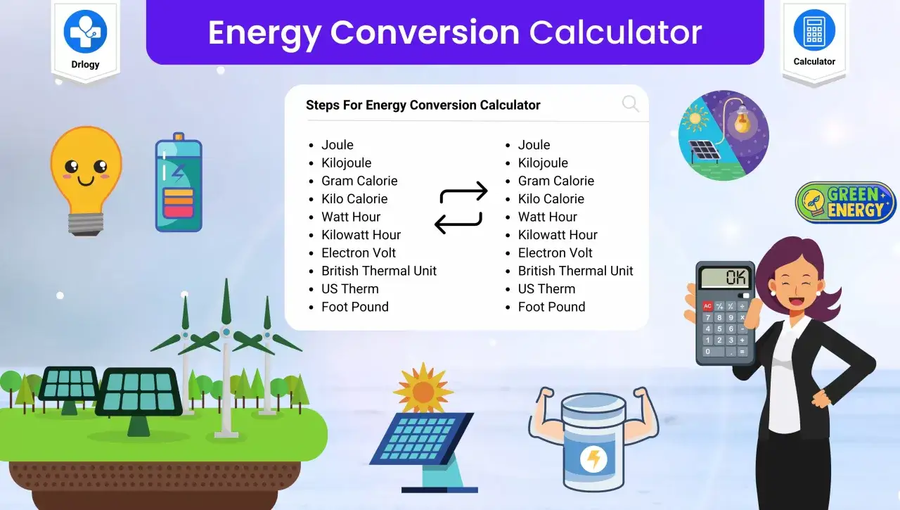 Kalkulator konwersji energii pokazuje różne jednostki energii, takie jak dżul, kaloria i watogodzina, z ikonami zielonej energii i odnawialnych źródeł.