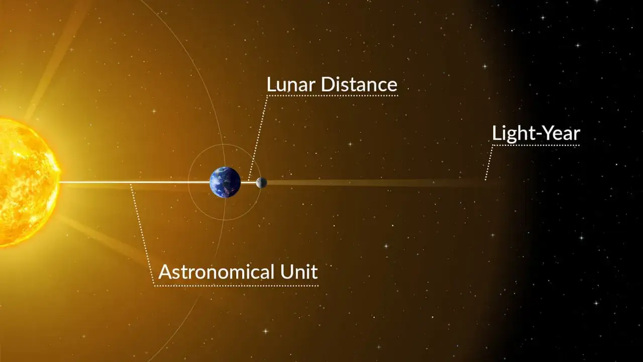 Słońce, Ziemia i Księżyc. Pokazuje odległość Ziemi od Słońca (jednostka astronomiczna) i odległość do Księżyca. Daleko w kosmosie widać oznaczenie