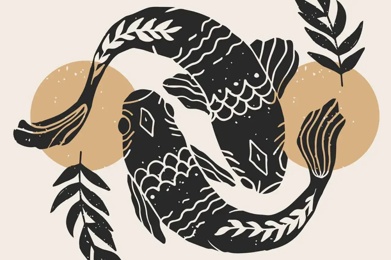 Dwa czarne, stylizowane ryby, symbol znaku zodiaku Pisces (ryby znak zodiaku po angielsku), wirują na beżowym tle z okręgami i liśćmi.