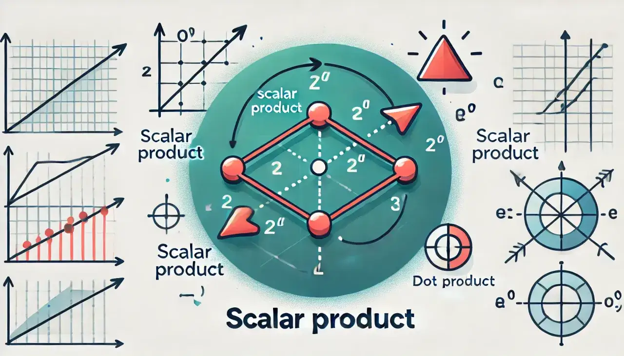 Ilustracja przedstawia koncepcję iloczynu skalarnego, z diagramami i wykresami ilustrującymi jego zastosowanie w matematyce.
