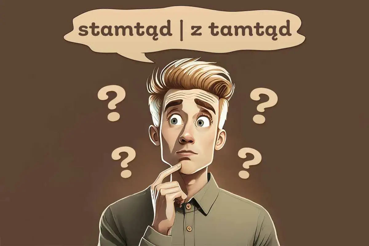 Zastanawia się, stamtąd czy z tamtąd? Wokół niego unoszą się znaki zapytania, symbolizujące jego rozterki.
