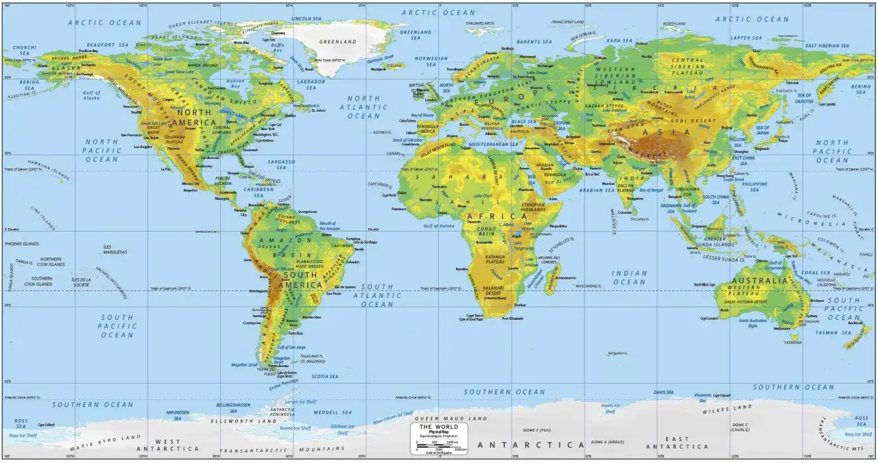 Mapa świata z zaznaczonymi kontynentami Ameryka Północna i Południowa, Europą, Afryką, Azją i Australią.