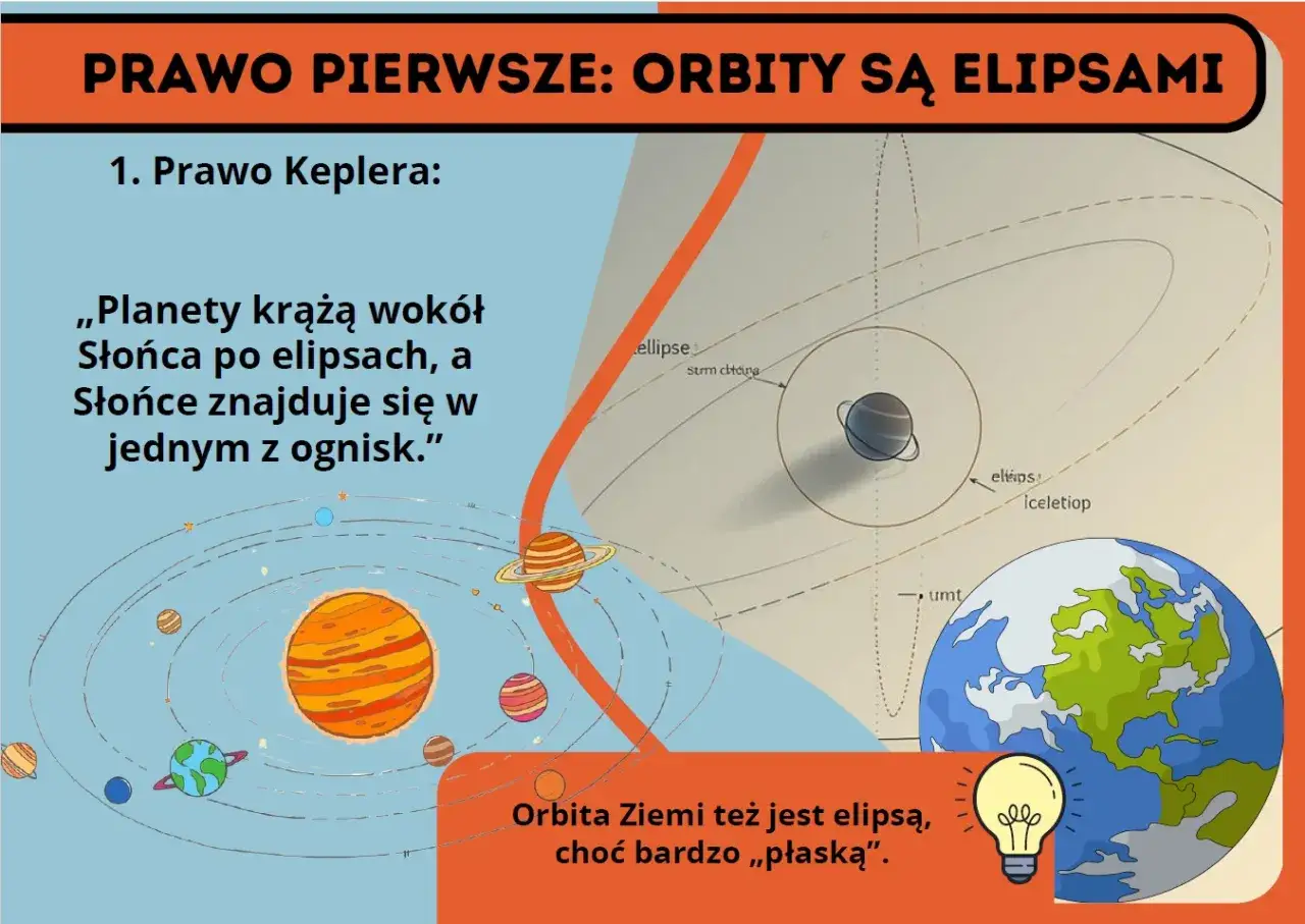 Ilustracja przedstawia schemat Układu Słonecznego, wyjaśniający pierwsze prawo Keplera. Orbity planet są elipsami, a Słońce znajduje się w jednym z ognisk.