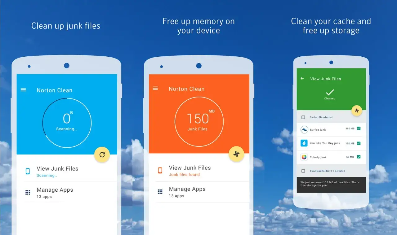Aplikacja do czyszczenia telefonu Norton Clean pokazuje skanowanie, znalezione 150 MB śmieci i zwolnione 118 MB miejsca.