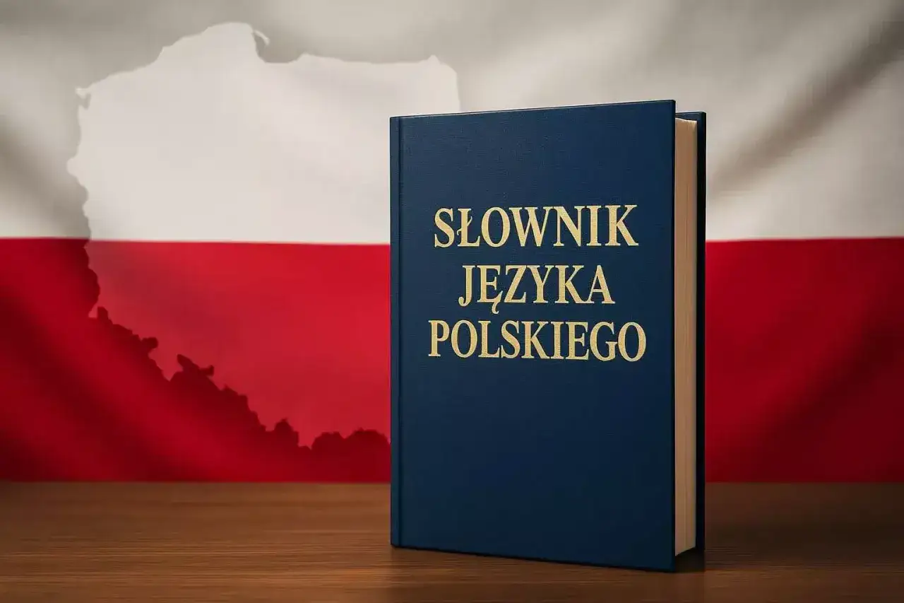 Słownik języka polskiego na tle mapy Polski i biało-czerwonej flagi. Chcąc poznać bogactwo polszczyzny, tym bardziej warto sięgnąć po taki zasób.