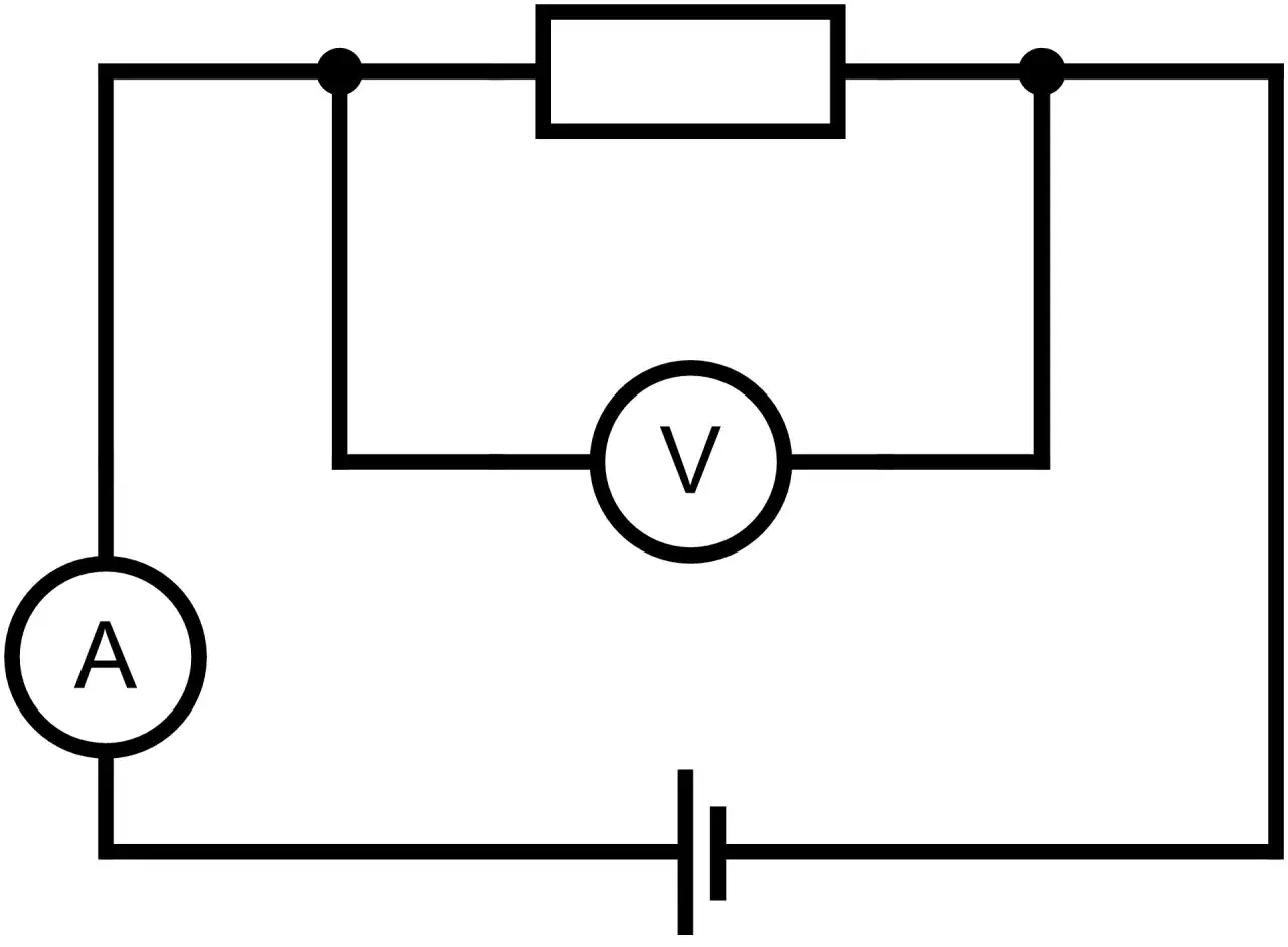Schemat obwodu elektrycznego z baterią, amperomierzem (A) i woltomierzem (V) mierzącym jednostkę napięcia na rezystorze.