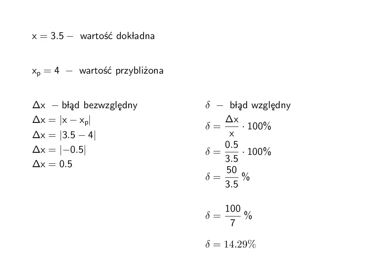 Obliczenia błędu względnego: dokładna wartość 3.5, przybliżona 4. Błąd bezwzględny 0.5. Błąd względny wynosi 14.29%.